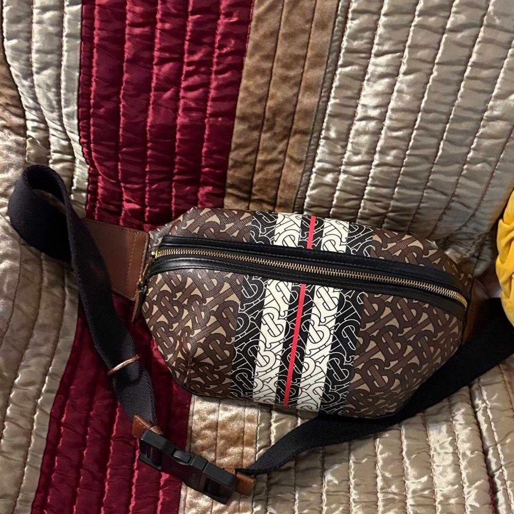 Authentic Burberry Brown and White Belt Bag with Red Accent